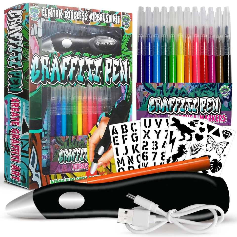 Splat Planet electric airbrush pen with 12 colors for vibrant, mess-free art projects.