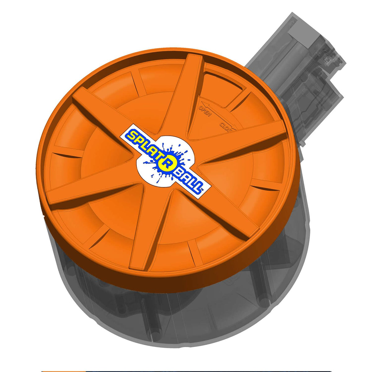 SPLATRBALL orange 800-round drum mag front-load design for quick reloading.