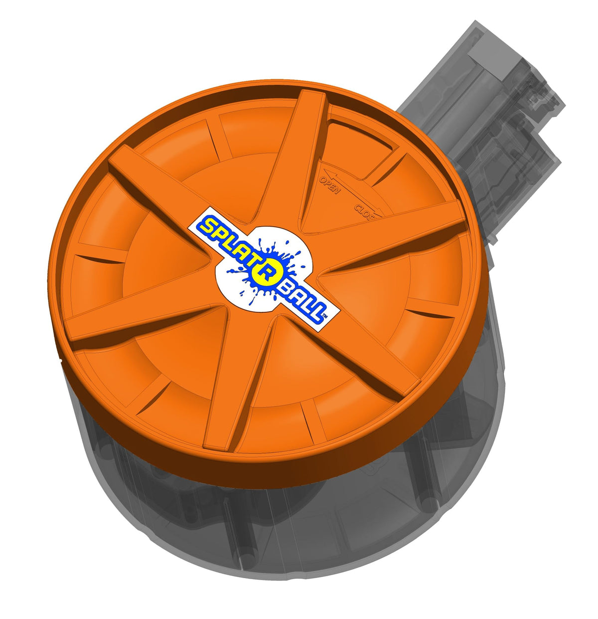 SPLATRBALL orange 800-round drum mag with translucent window shows bead volume at a glance.