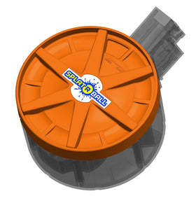 SPLATRBALL orange 800-round drum mag with translucent window shows bead volume at a glance.