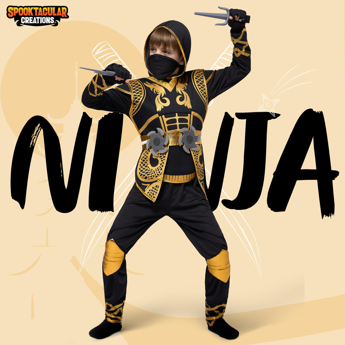 Spooktacular Creations Golden Ninja face mask highlighting secure fit for kids.