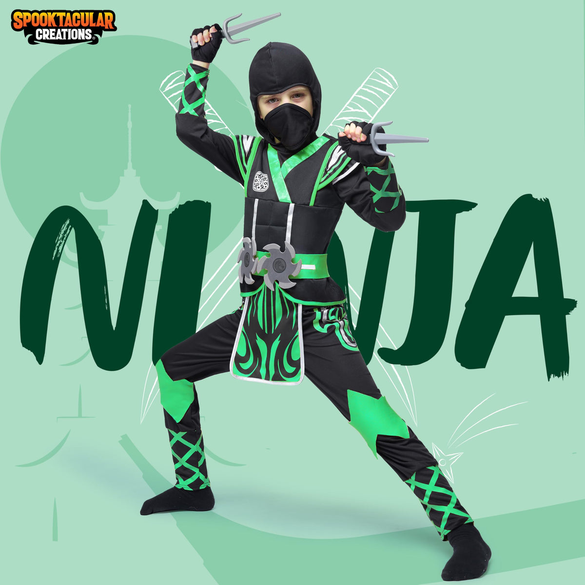 Spooktacular Creations Green Ninja hood adds stealthy look for kid-friendly adventures.