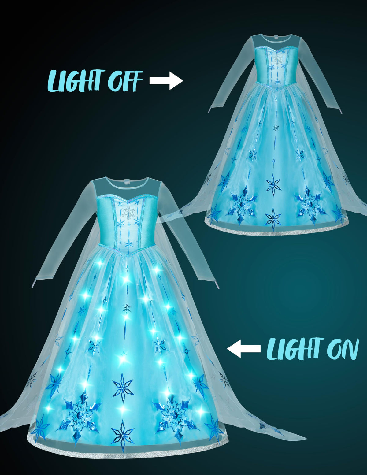 Built-in light-up skirt feature enhances evening princess moments.