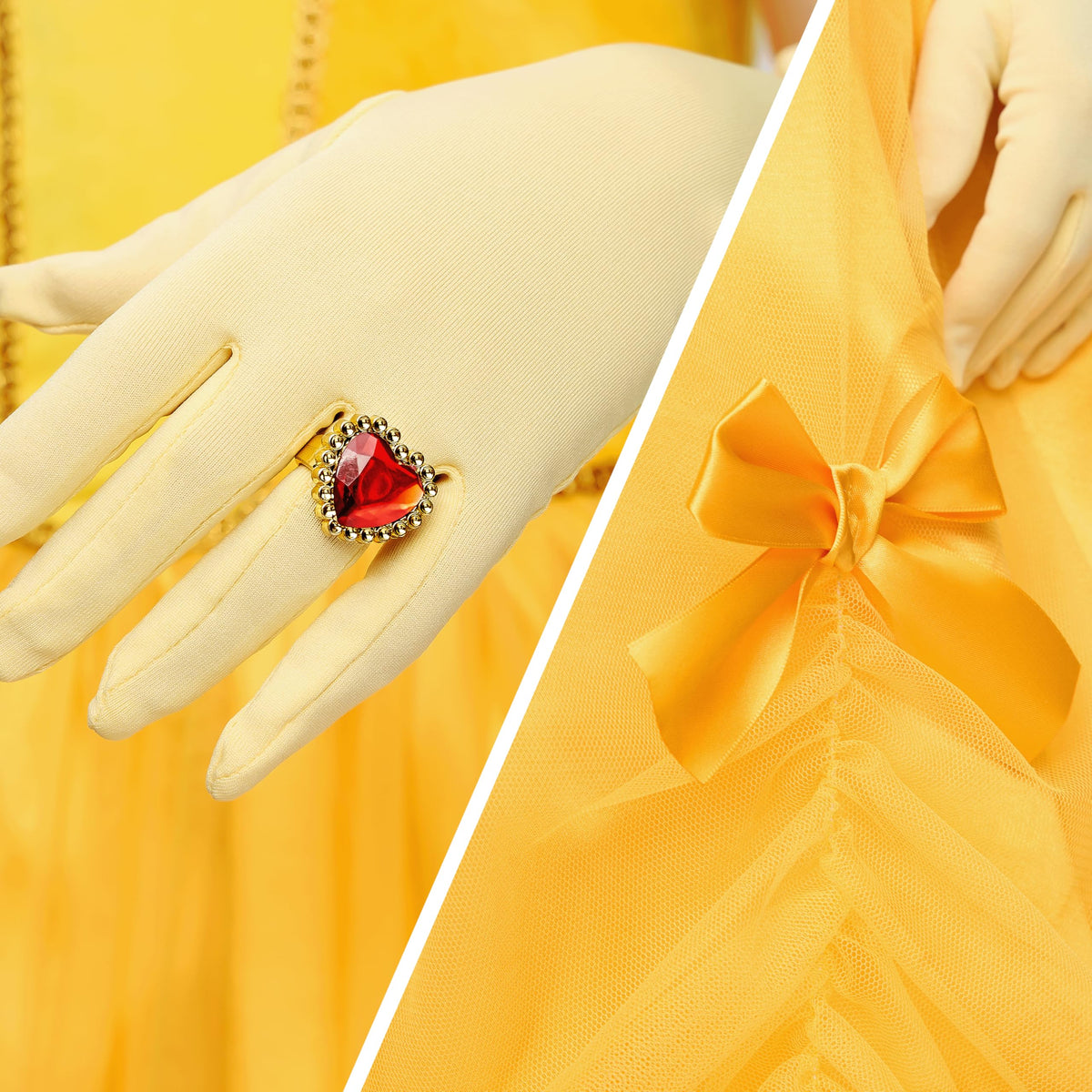 Model wearing the yellow princess dress in a kid-friendly costume setting