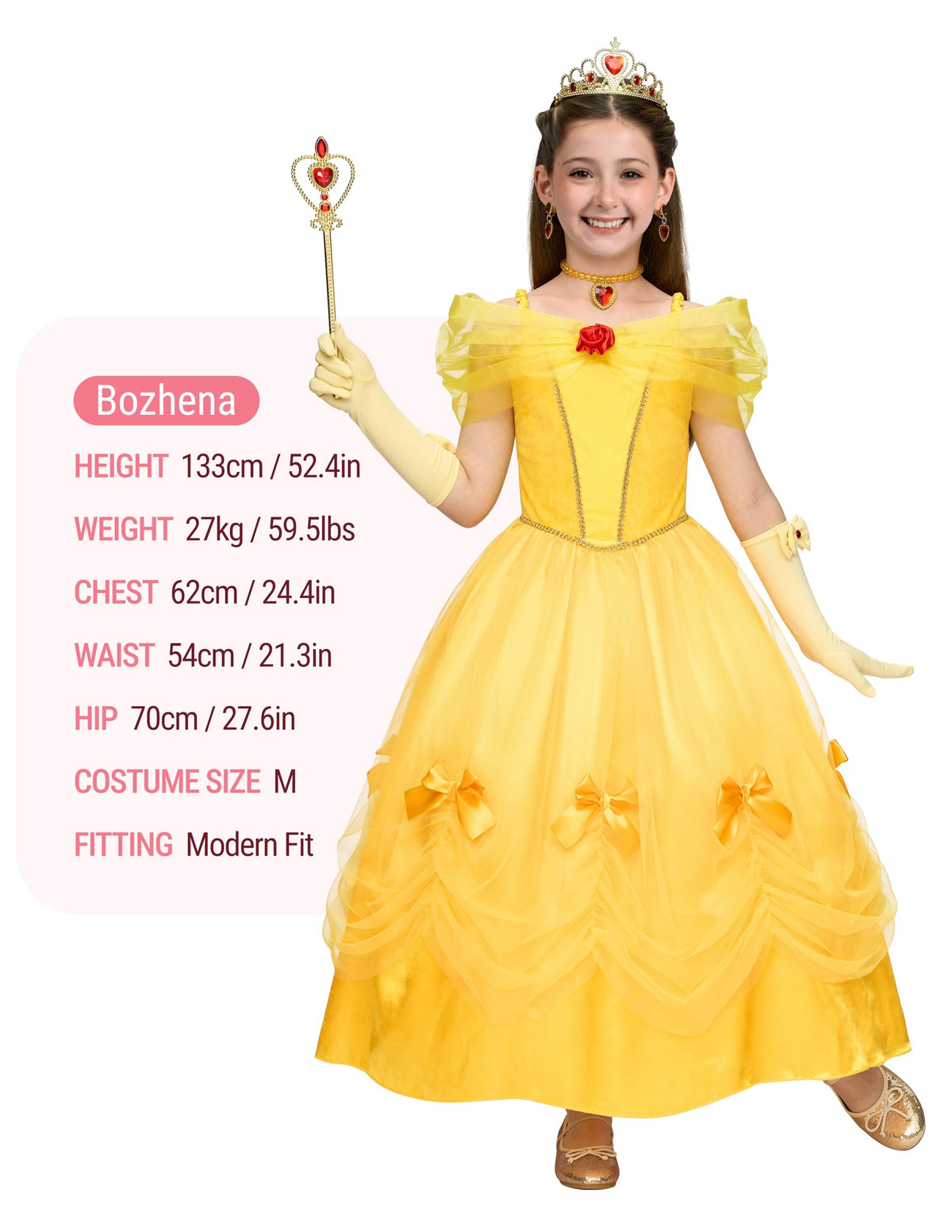 Long yellow gloves completing the royal princess look