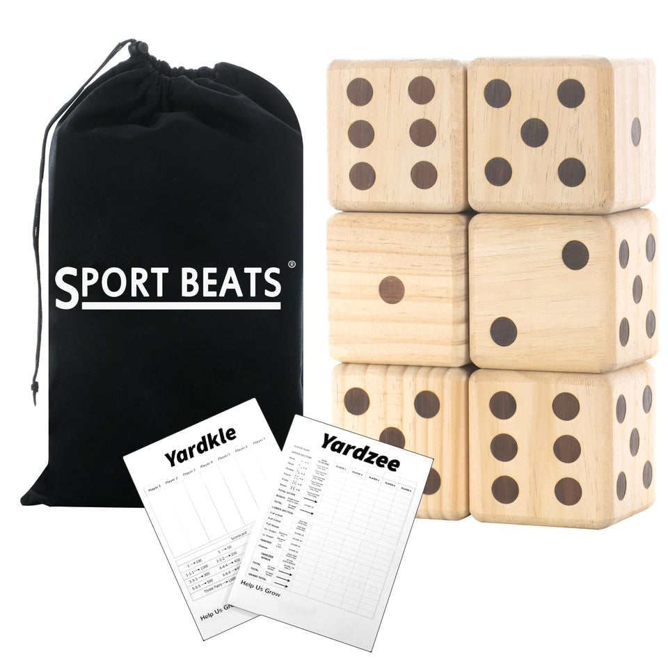 SPORT BEATS giant yard dice on grass with bold branded dots