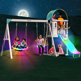 Sportspower Amelia Galaxy LED swing illuminated for safe backyard fun.