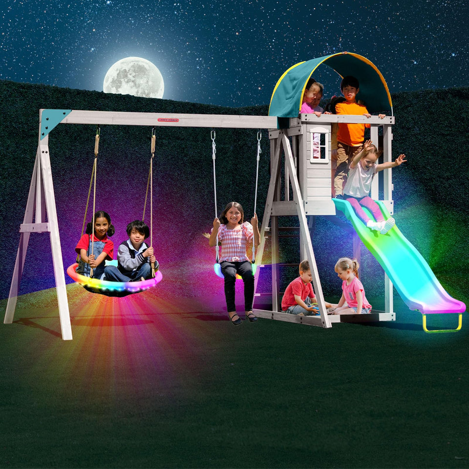 Sportspower Amelia Galaxy LED swing illuminated for safe backyard fun.