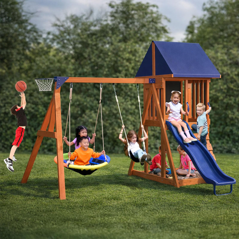 Sportspower Applewood cedar swing set front view, durable frame for backyard play