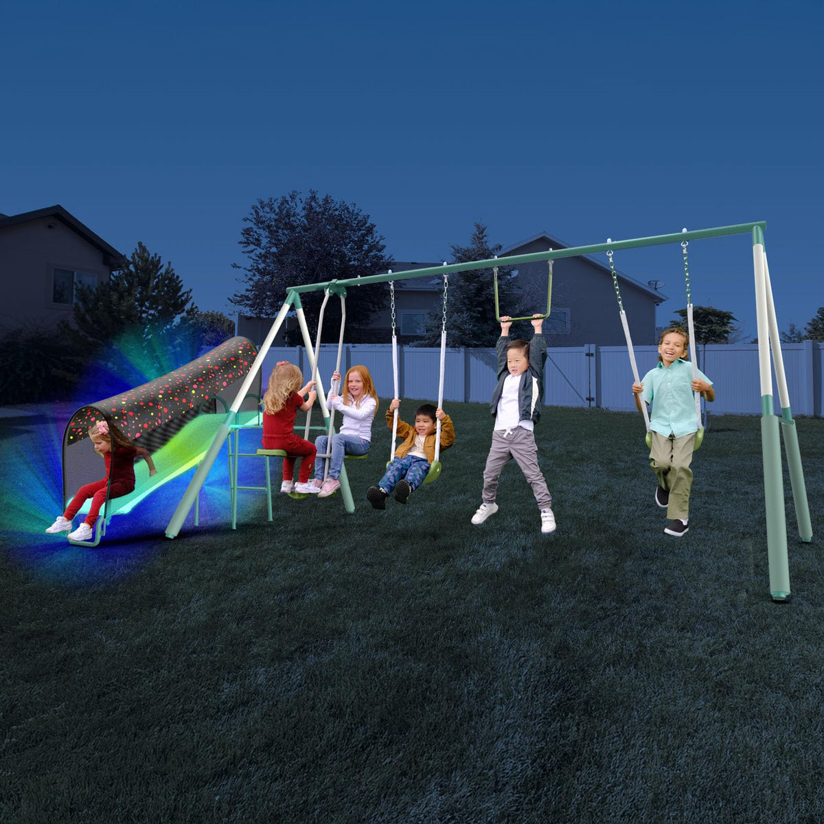 Sportspower Arcadia Light Zone Slide lights up for nighttime play and safety.