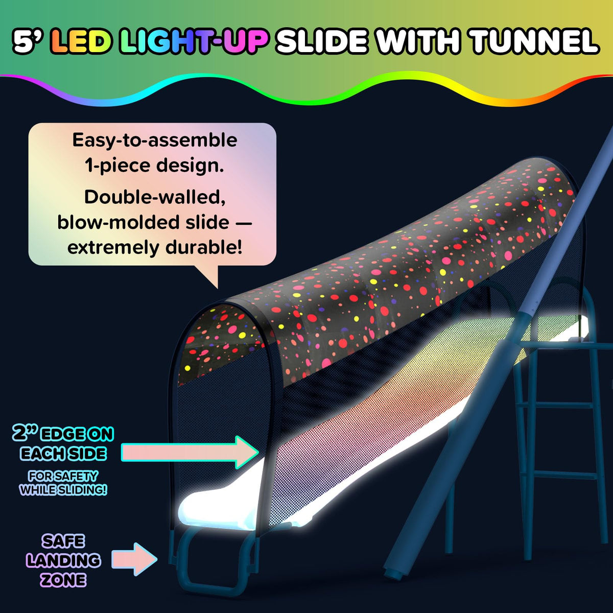Arcadia slide with tunnel illuminated by LED for after-dark fun.