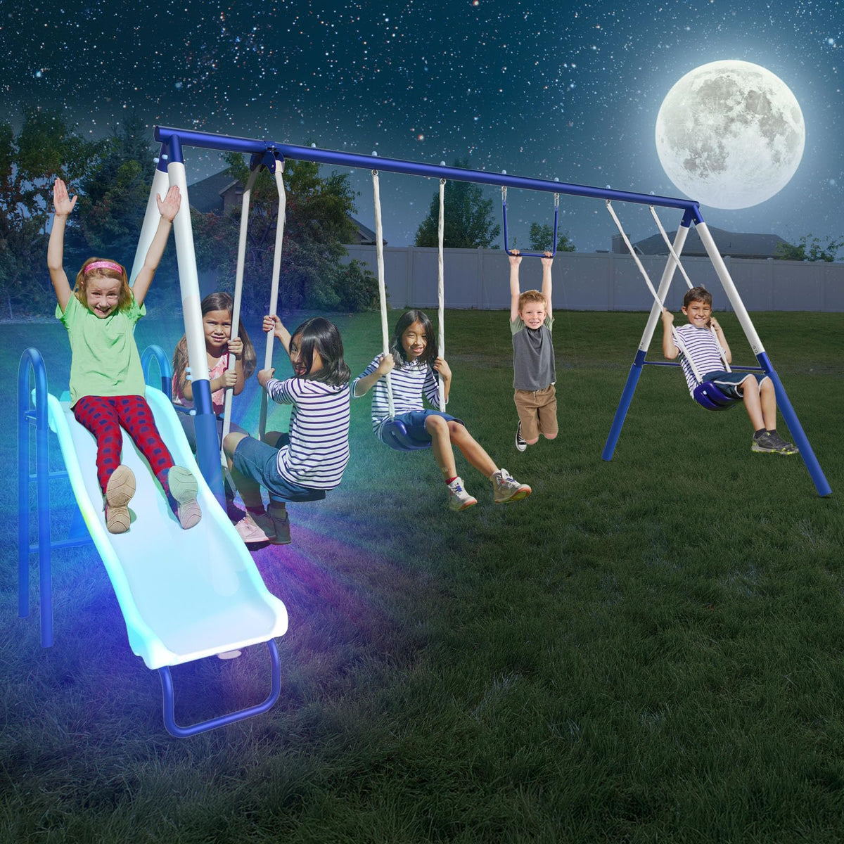 Sportspower Arcadia Star Burst swing set front view with sturdy 2-inch steel frame for durability.