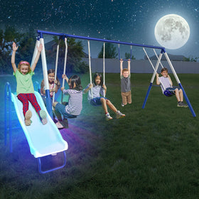 Sportspower Arcadia Star Burst swing set front view with sturdy 2-inch steel frame for durability.