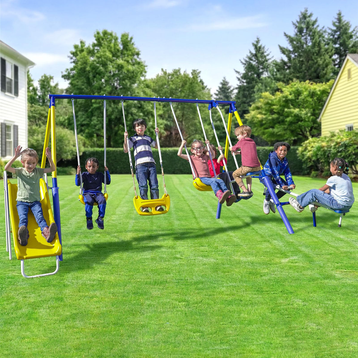 Sportspower Royal Fun swing set side view highlighting the sturdy steel frame for durable backyard play