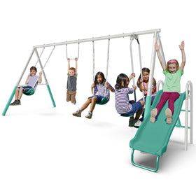 Sportspower Yonkers swing set overview in a sunny backyard, ideal for active kids.