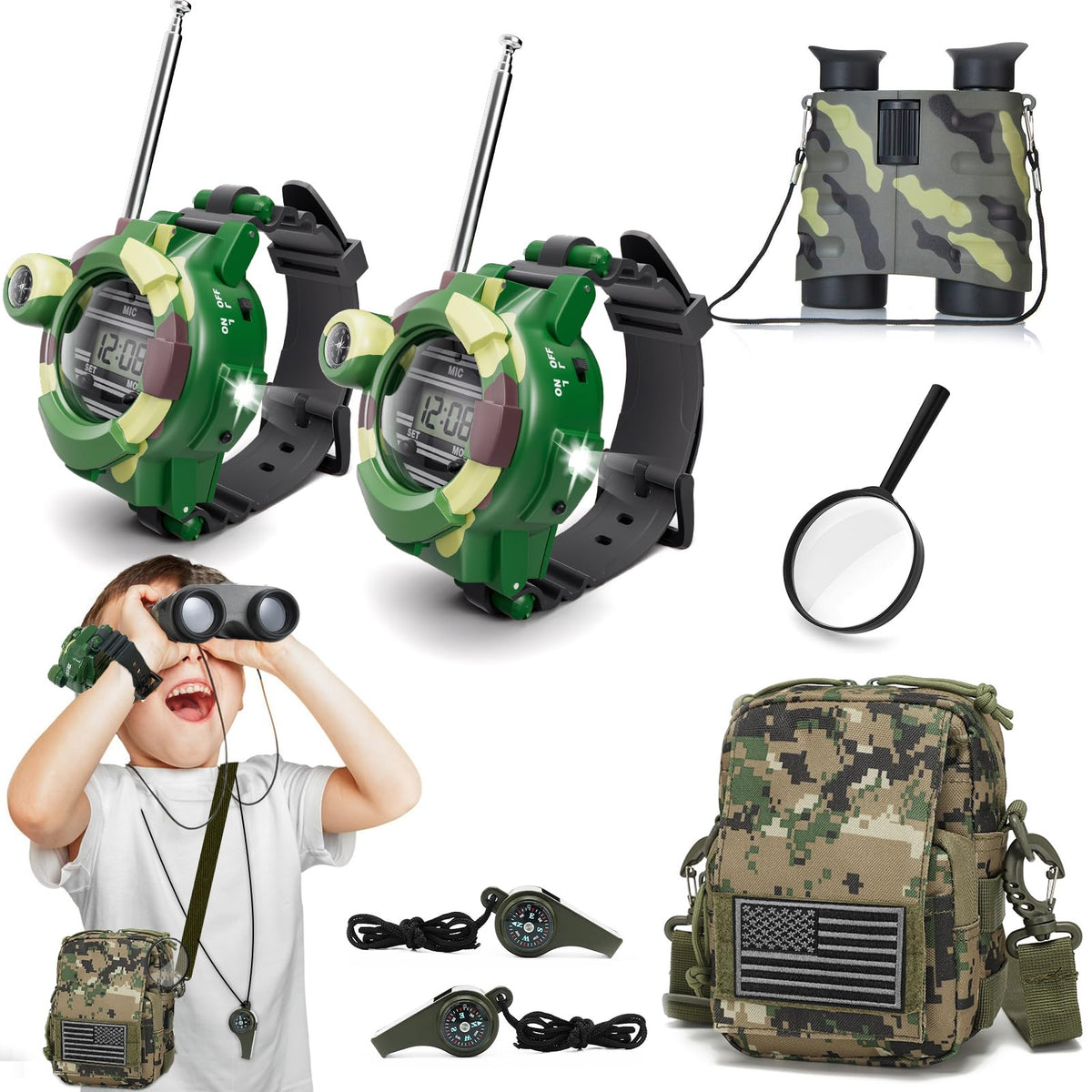 SportsVoutdoors walkie talkies for kids in camouflage, ready for outdoor exploration.