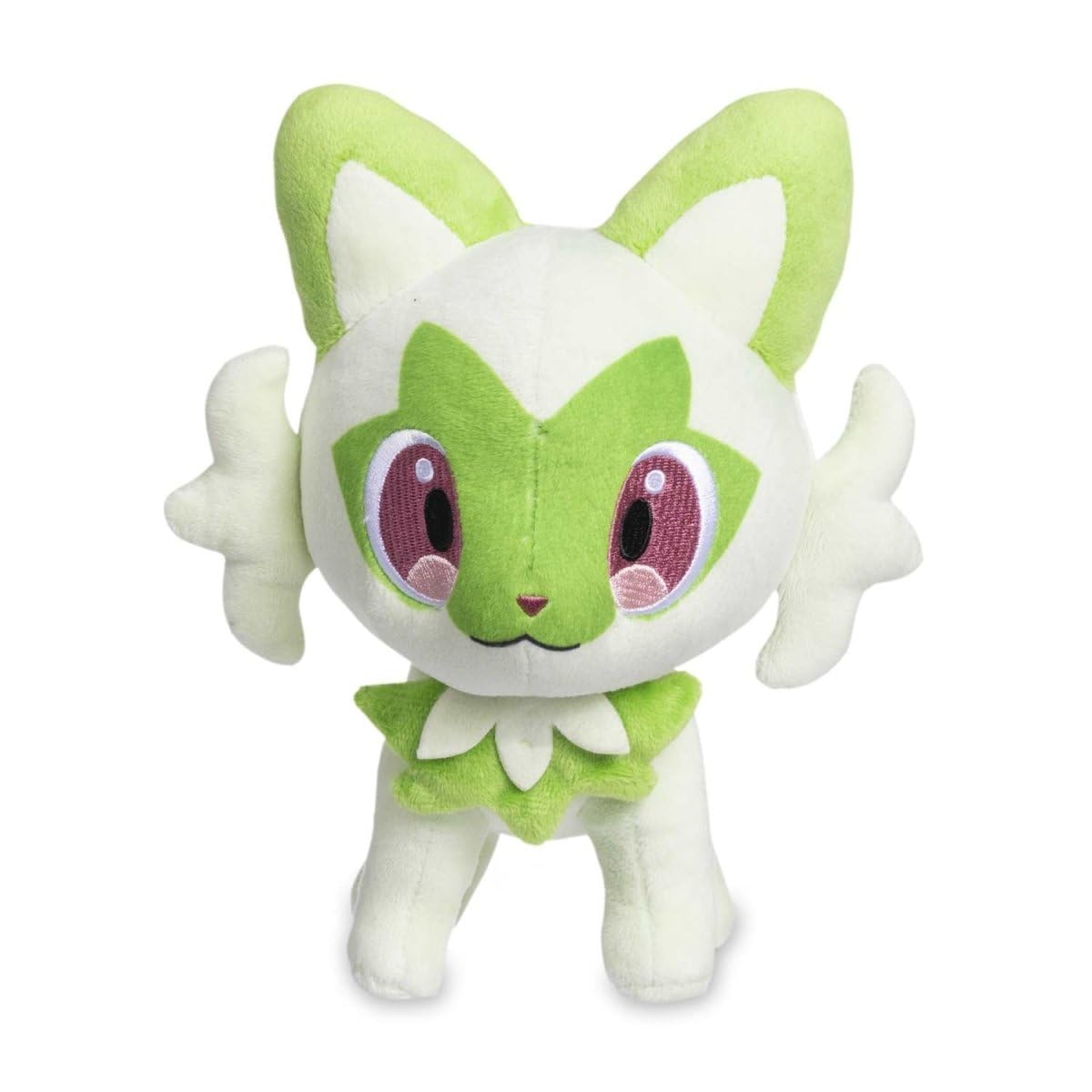 Sprigatito plush embroidery details highlight cute facial features for display.