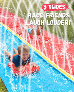 Spring Water dual-lane racing design in a sunny backyard setup.