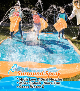 Spring Water orange-pattern slide with sprinkler in action