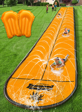 Spring Water slip and water slide in backyard with two lanes for fun outdoor play
