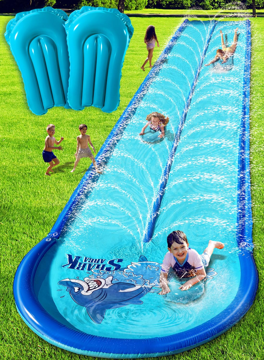 Spring Water slip and water slide setup in backyard ready for summer fun