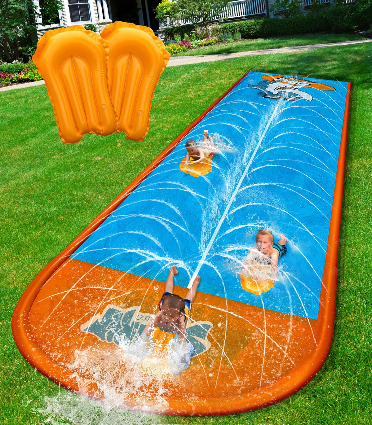 Spring Water slip and slide shark-pattern design for backyard fun