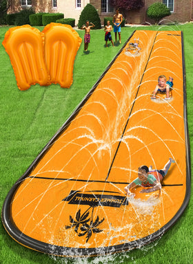Spring Water slip-slide setup in backyard with sunny outdoor fun