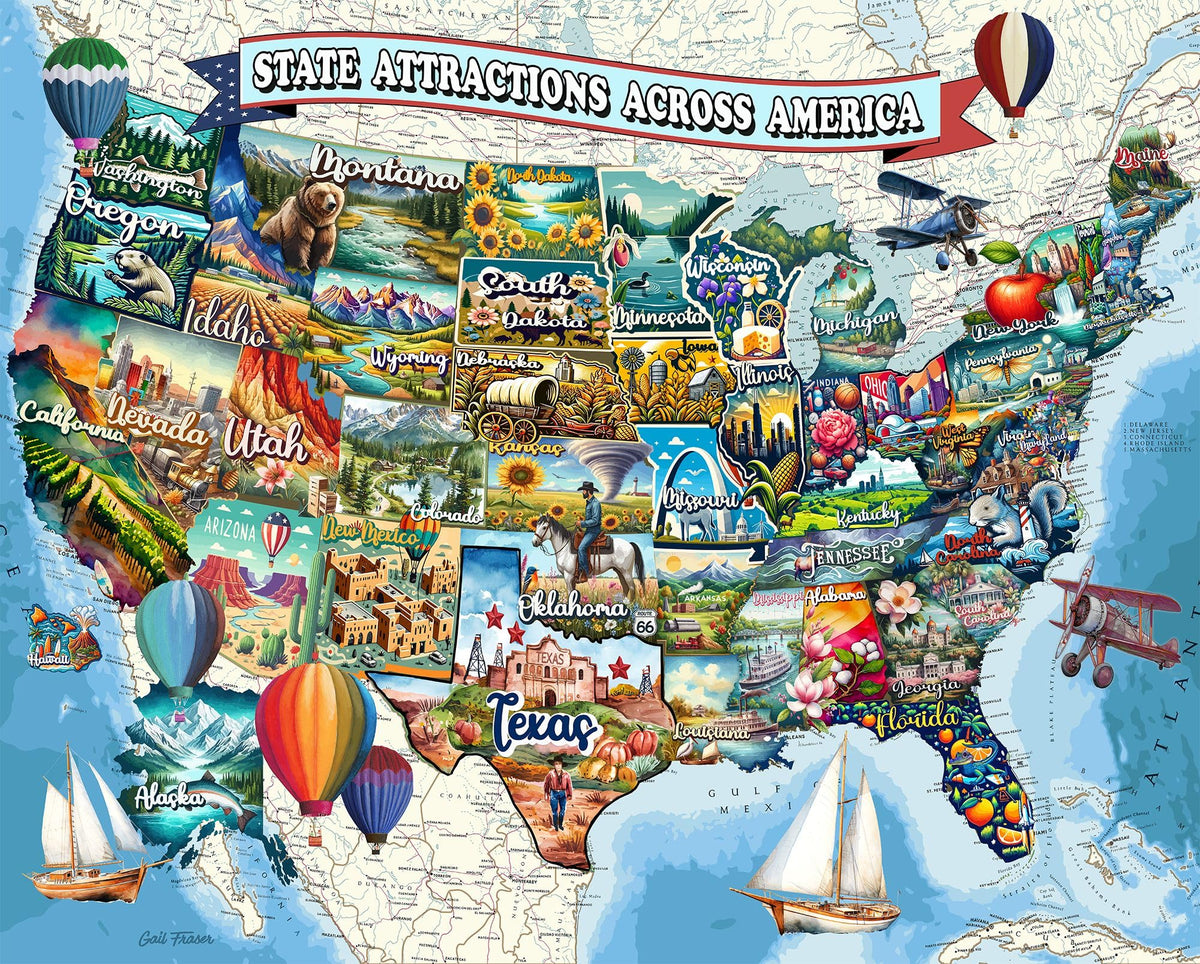 Springbok All American Attractions USA map puzzle cover, ideal for family puzzle night.