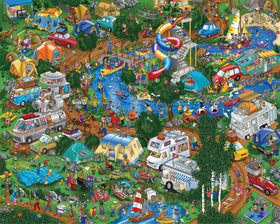 Springbok Camping World illustration puzzle with vibrant campsite art for cozy family game nights.