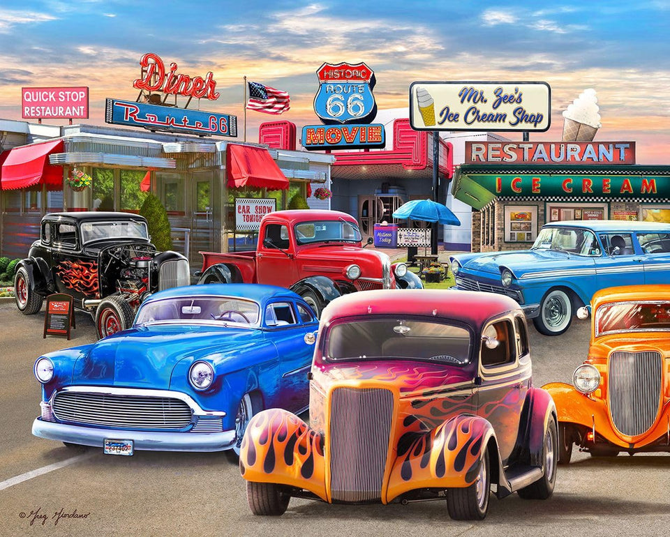 Springbok Classic Car Show puzzle hero image with vibrant vintage cars for family nights.