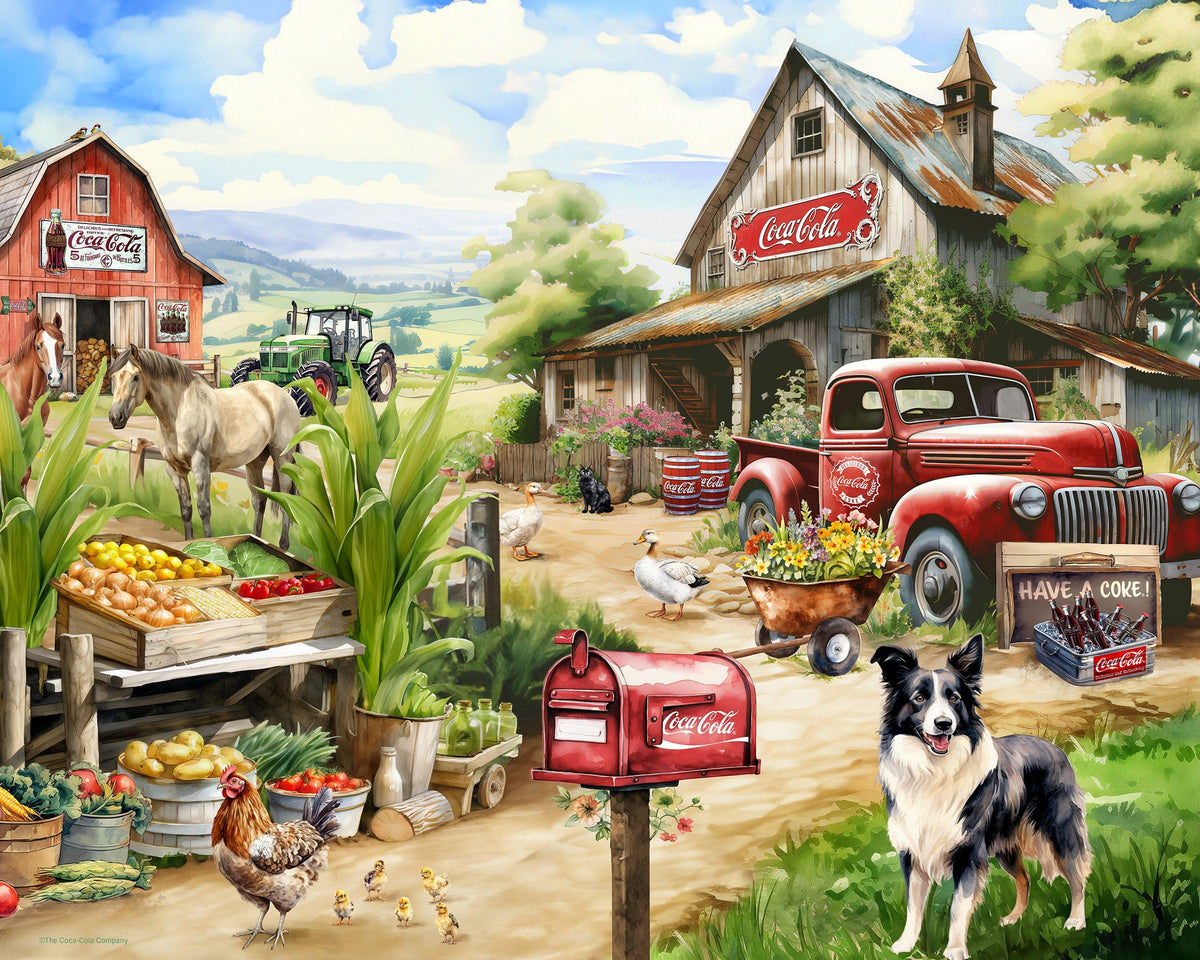 Springbok Coca-Cola Countryside Market red pickup truck evokes nostalgic family puzzle time