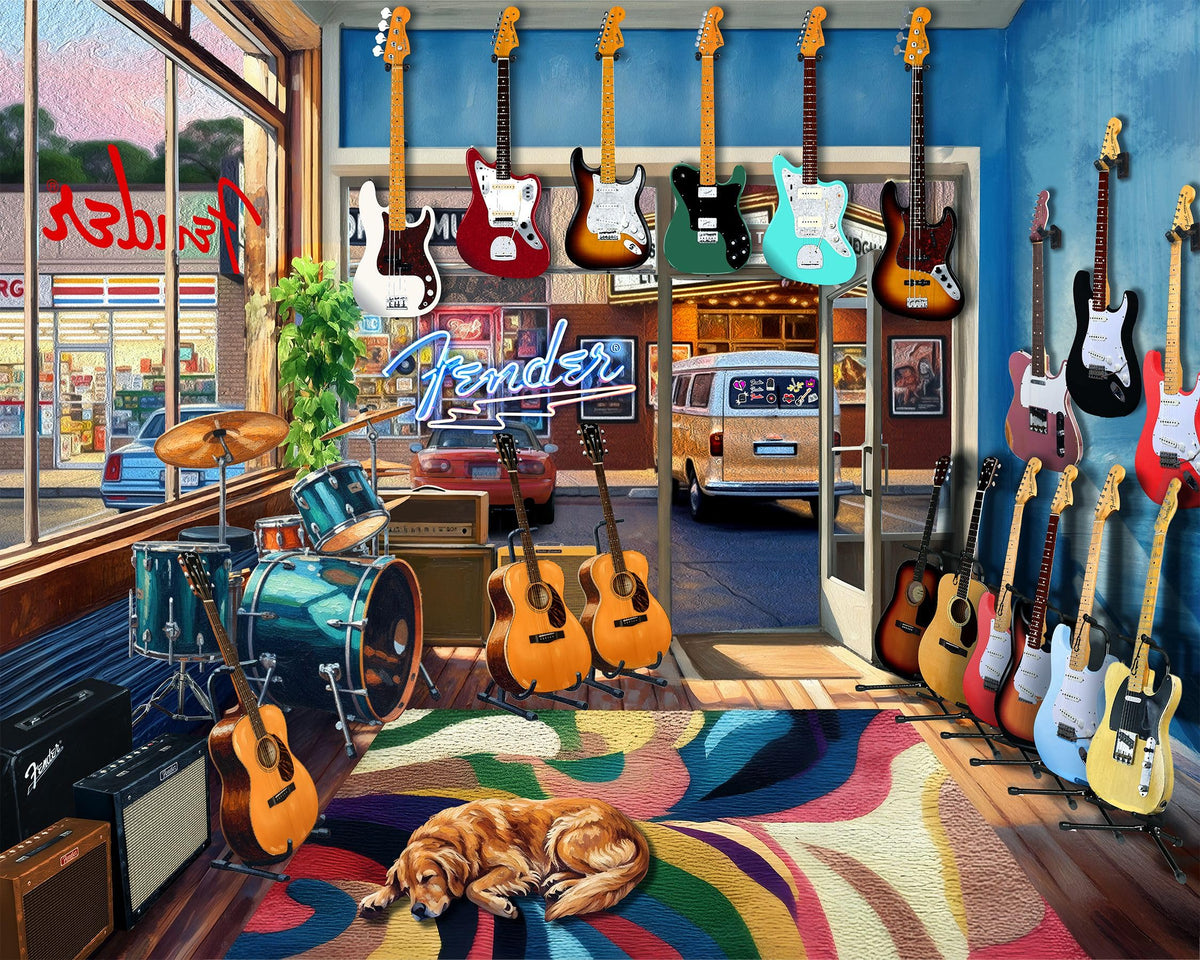 Springbok Fender Shop puzzle scene showing guitars and a cozy rug for immersive puzzling.