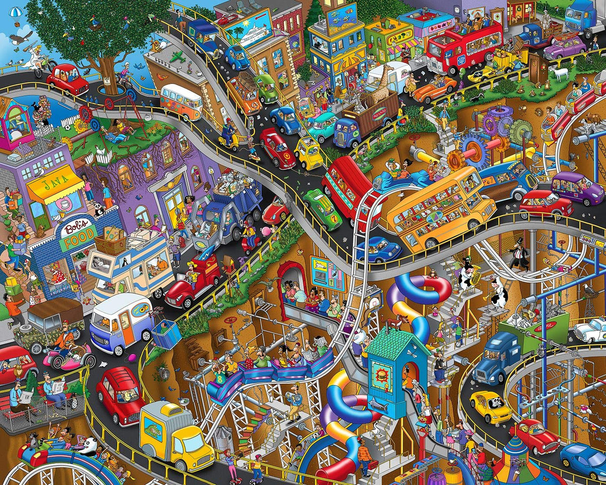 Springbok Getting Away puzzle cover shows vibrant transportation cartoon for relaxing downtime