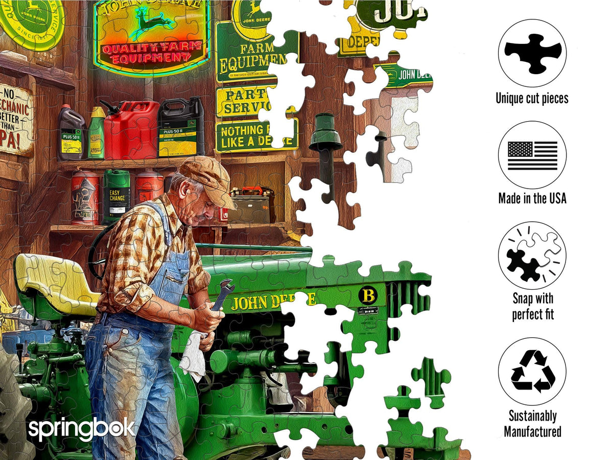 Springbok Grandpa's Garage features unique cut pieces, enhancing puzzle challenge and engagement.