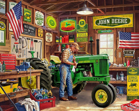 Springbok Grandpa's Garage puzzle shows a John Deere tractor scene, ideal for nostalgic, family-friendly evenings.