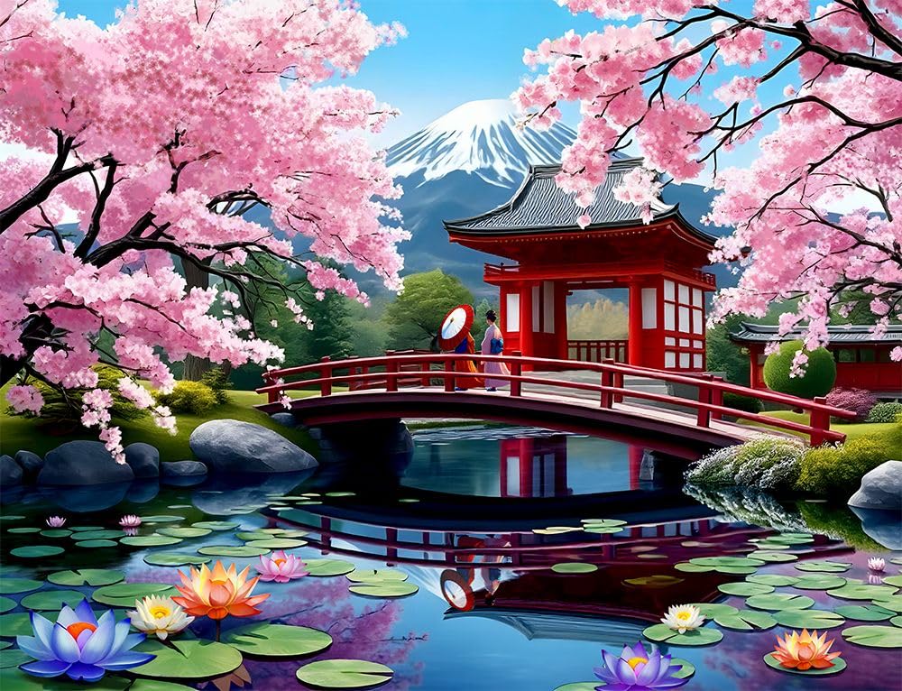 Springbok Haru in Japan puzzle features cherry blossom garden for tranquil, screen-free time.