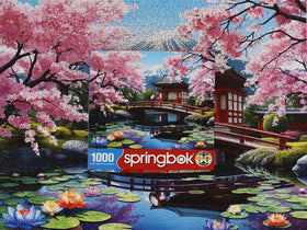 Springbok Haru in Japan puzzle depicts red bridge scene for collaborative family time.
