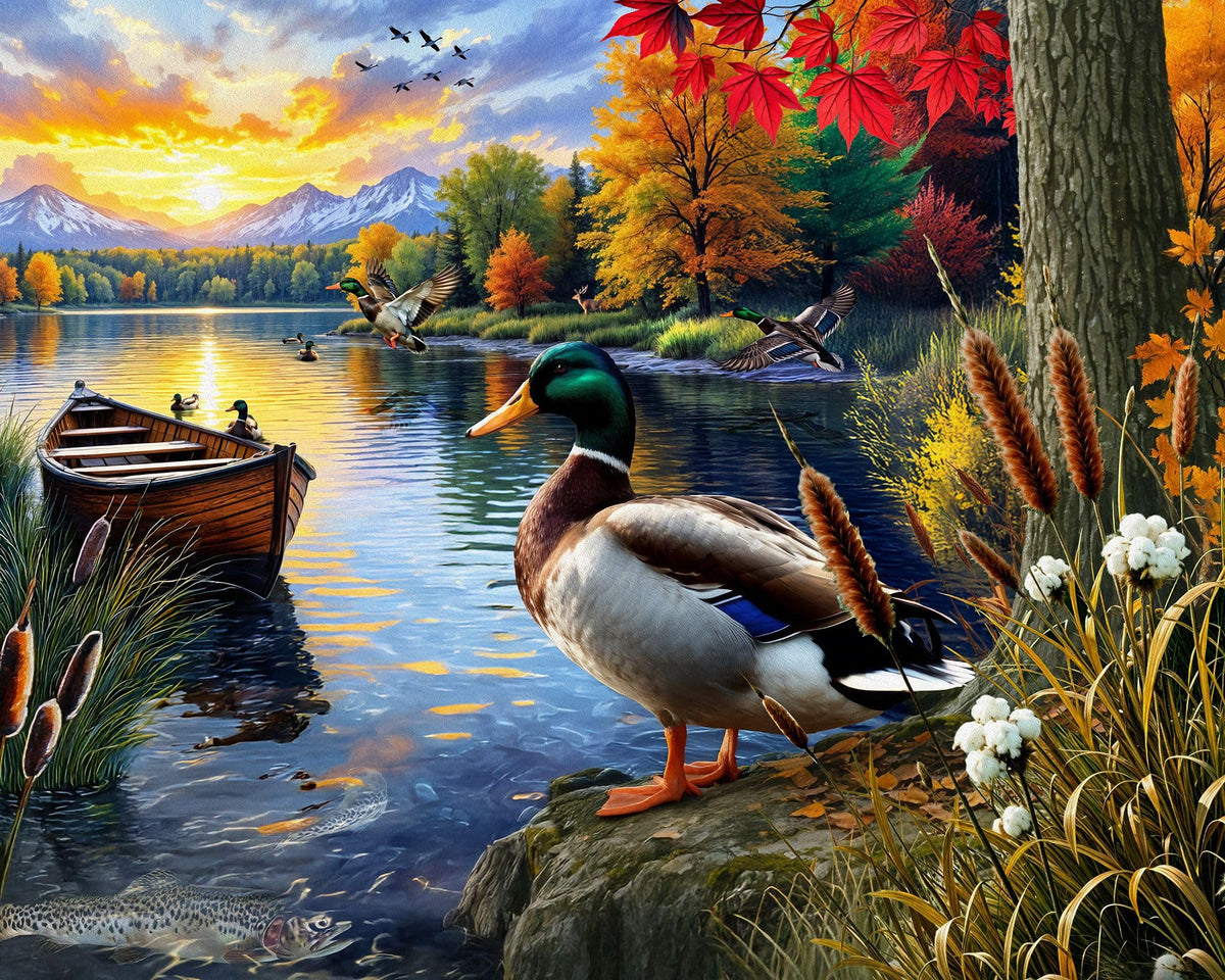 Springbok Mallard Morning Glow puzzle cover shows autumn lake scene for relaxing evenings