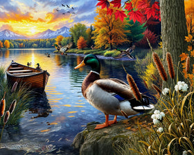 Springbok Mallard Morning Glow puzzle cover shows autumn lake scene for relaxing evenings