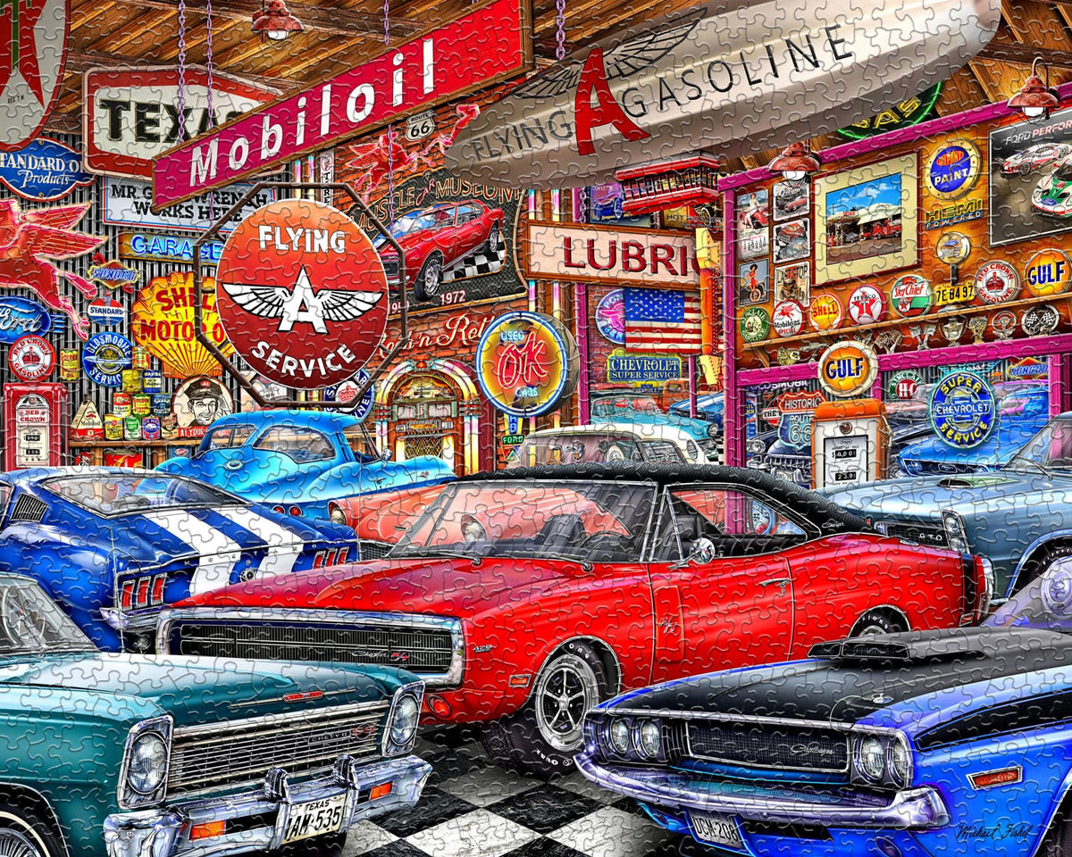Springbok Muscle Car Museum puzzle artwork detail emphasizes lively garage art