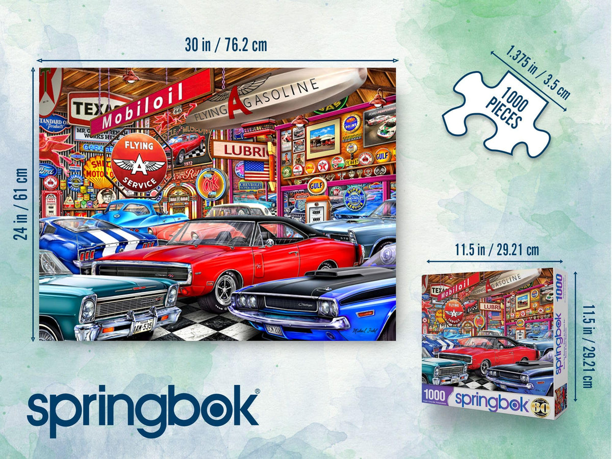 Springbok Muscle Car Museum puzzle assembly size shows 30x24 inch finished display