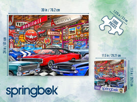 Springbok Muscle Car Museum puzzle assembly size shows 30x24 inch finished display