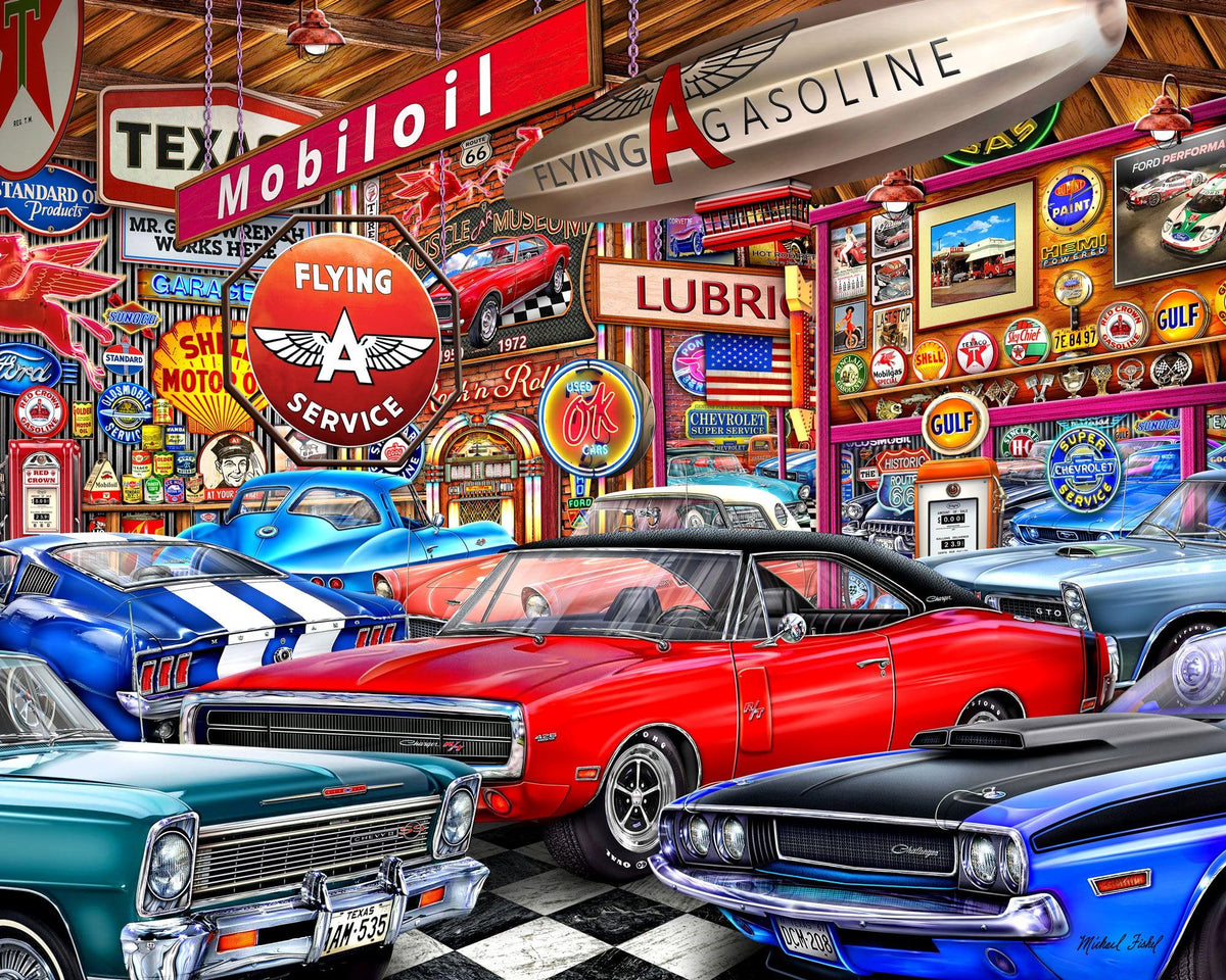 Springbok Muscle Car Museum puzzle cover featuring vintage cars for immersive family puzzling