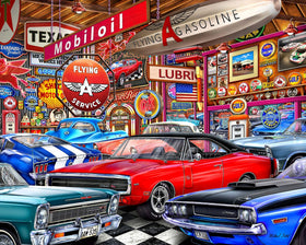 Springbok Muscle Car Museum puzzle cover featuring vintage cars for immersive family puzzling