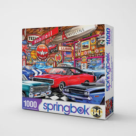 Springbok Muscle Car Museum puzzle side signs highlight retro signage for nostalgic challenge