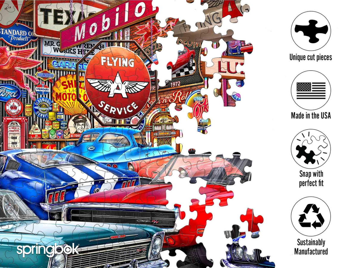Springbok Muscle Car Museum puzzle vintage cars in vibrant colors for vivid puzzling