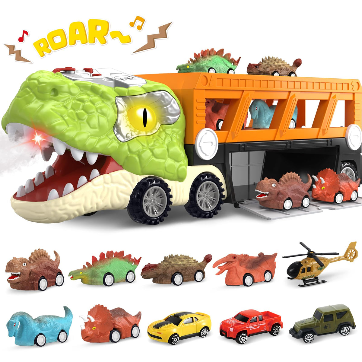 SpringFlower 11-in-1 dinosaur truck for imaginative play and storage.