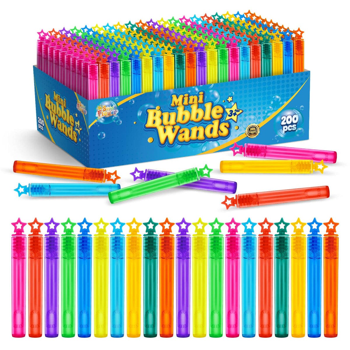 SpringFlower 200-piece mini bubble wands box shows colorful party fun for kids.