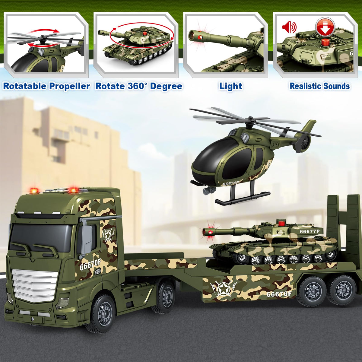 SpringFlower army truck side view with helicopter promotes storytelling and role play