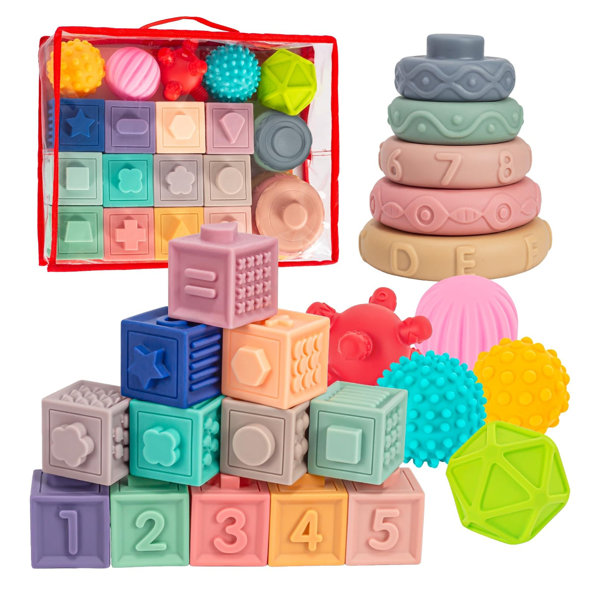 SpringFlower 3in1 Montessori blocks for easy grasp and stacking.